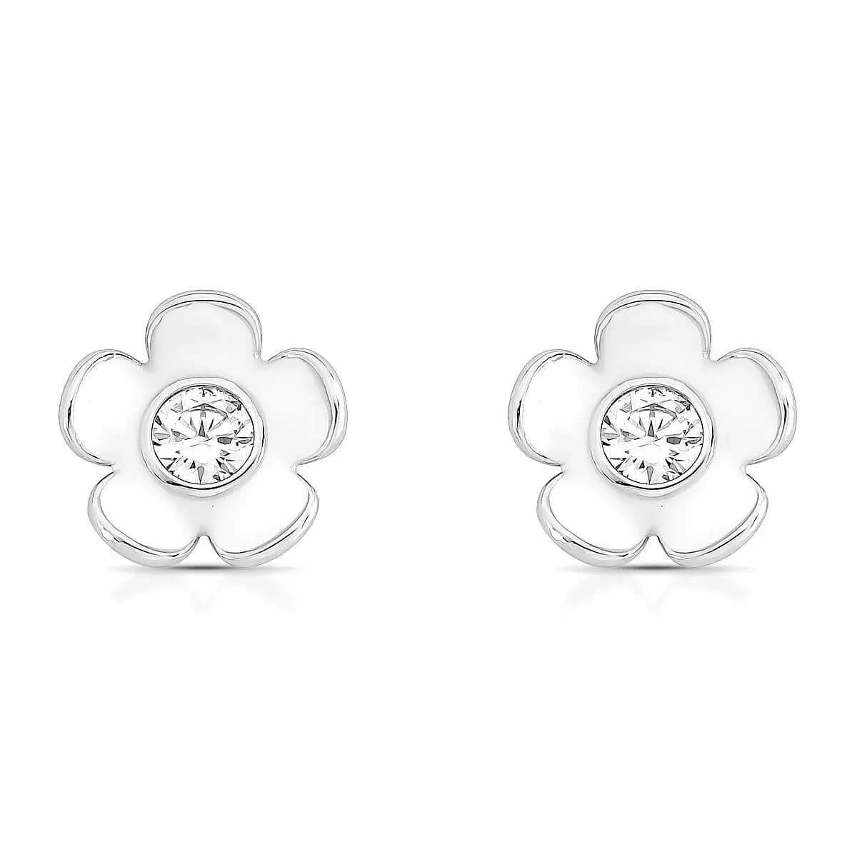 BRINCO FLOR DAISY ESMALTADO WHITE COM ZIRCÔNIA CENTRAL PINO EM PRATA 925