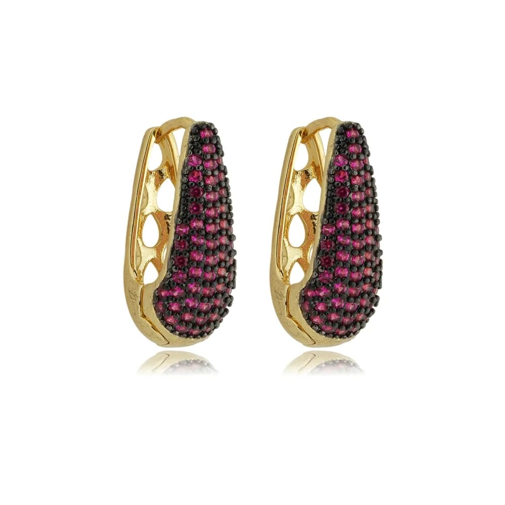 Brinco Argola Gota de Micro Zircônias Rosa Semijoia Ouro 18K
