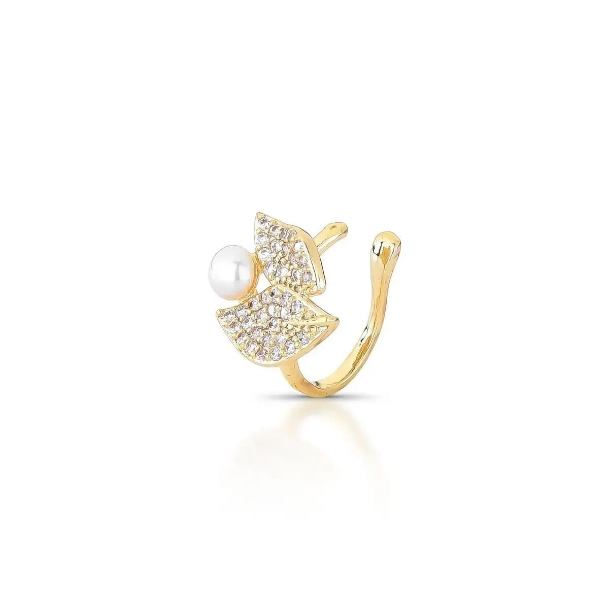 PIERCING FAKE DUO FOLHAS CRAVEJADO COM ZIRCÔNIAS E PÉROLA SHELL
