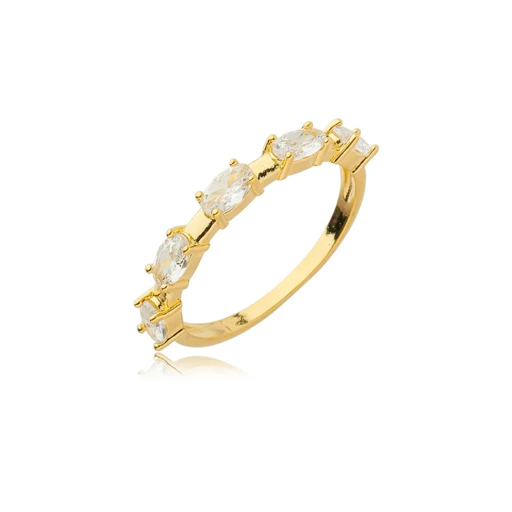 Anel Liso com Pontos de Luz Ovais Semijoia Ouro 18K