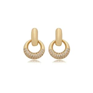Brinco Haste com Pingente de Círculo Cravejado Semijoia Ouro 18K
