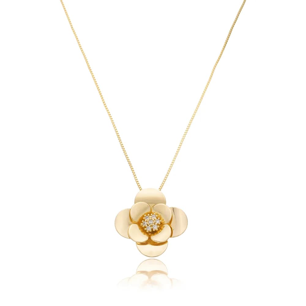 Colar Flor com Miolo de Micro Zircônias Semijoia Ouro 18K