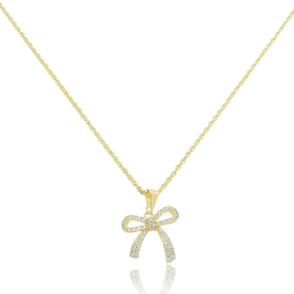 Colar Cordão Baiano e Laço Cravejado Semijoia Ouro 18K