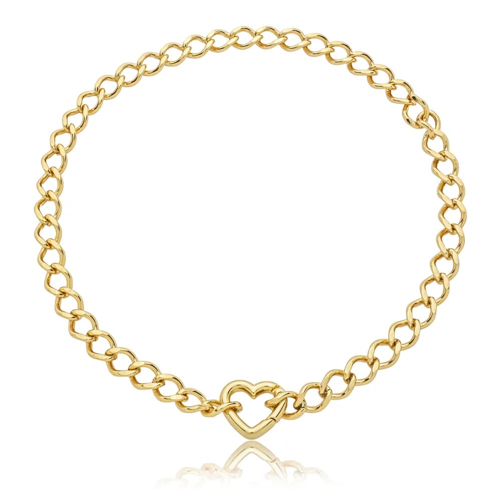 Colar Elos com Fecho de Coração 45cm Semijoia Ouro 18K