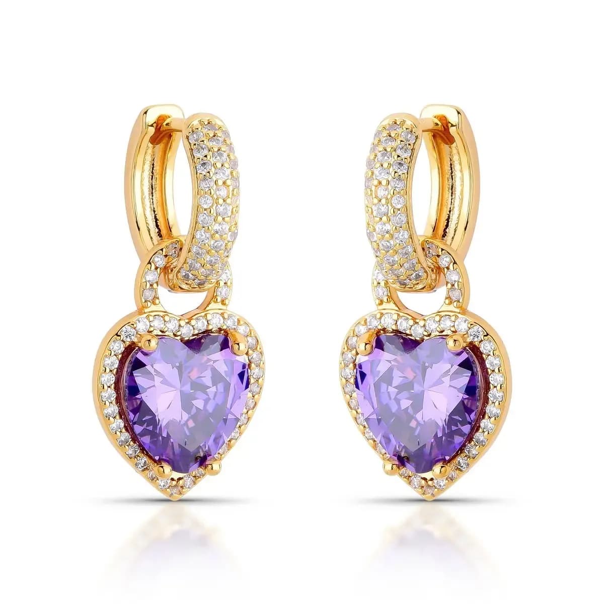 BRINCO ARGOLA CLICK CORAÇÃO PÊNDULO CRAVEJADO — Ban. Dourado / Violeta