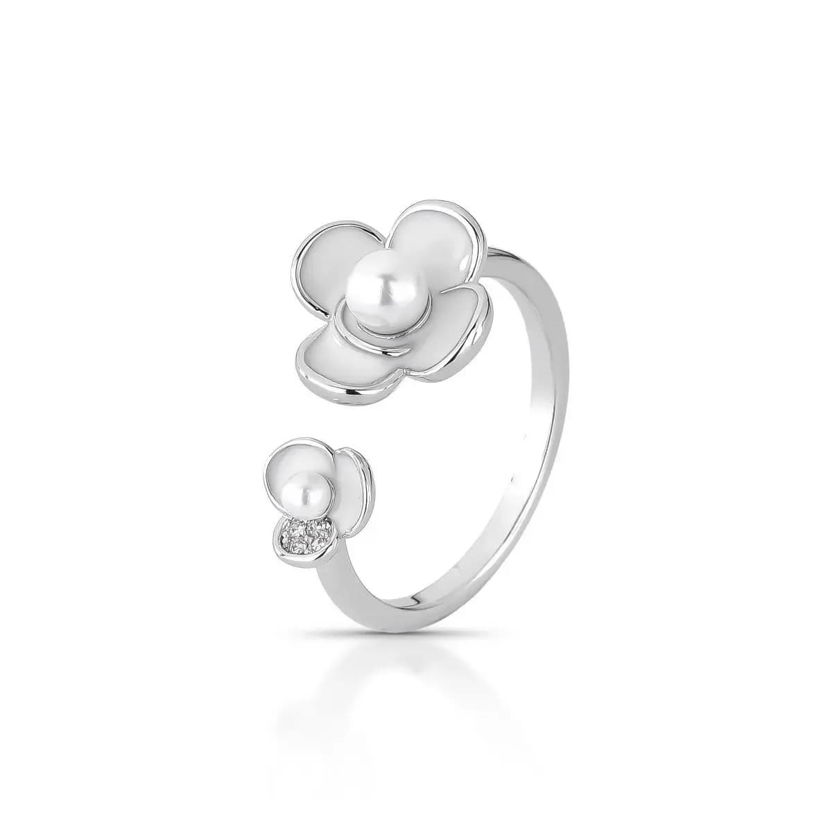 ANEL DAISY COM ESMALTAÇÃO WHITE COM PÉROLA SHELL - AJUSTÁVEL