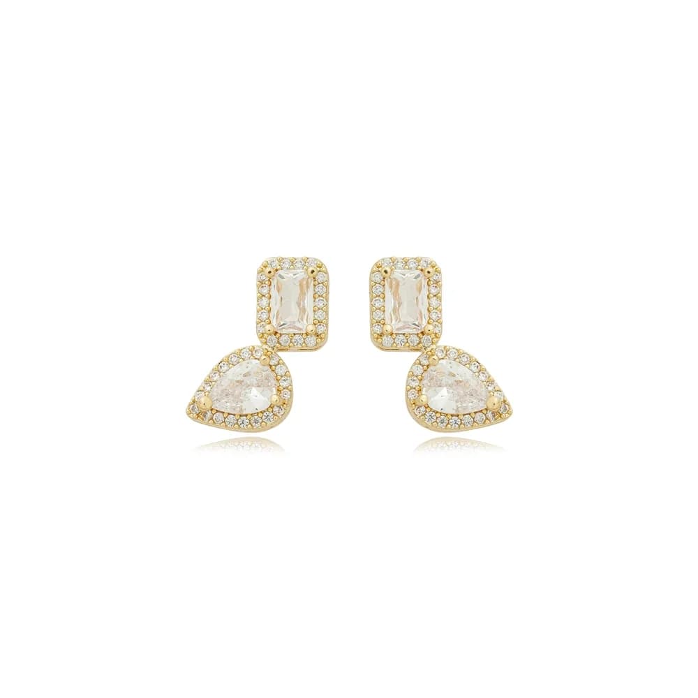 Brinco Zircônia Gota e Retângulo Cristal Semijoia Ouro 18K