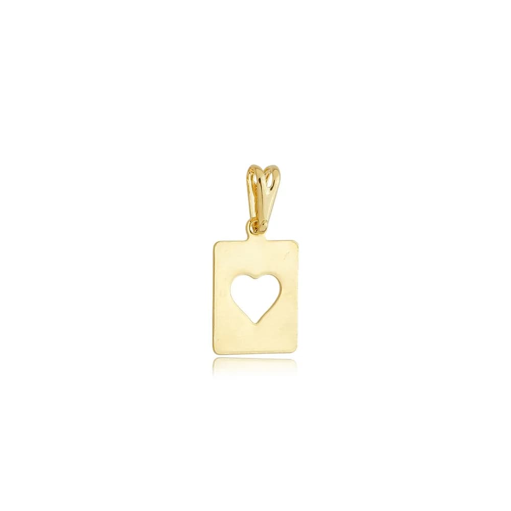 Pingente Plaquinha Coracao Vazado Semijoia Ouro 18K