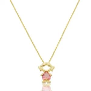 Colar Cordão Baiano 1,5MM com Pingente Menina e Coração de Zircônia Rosa Semijoia Ouro 18K