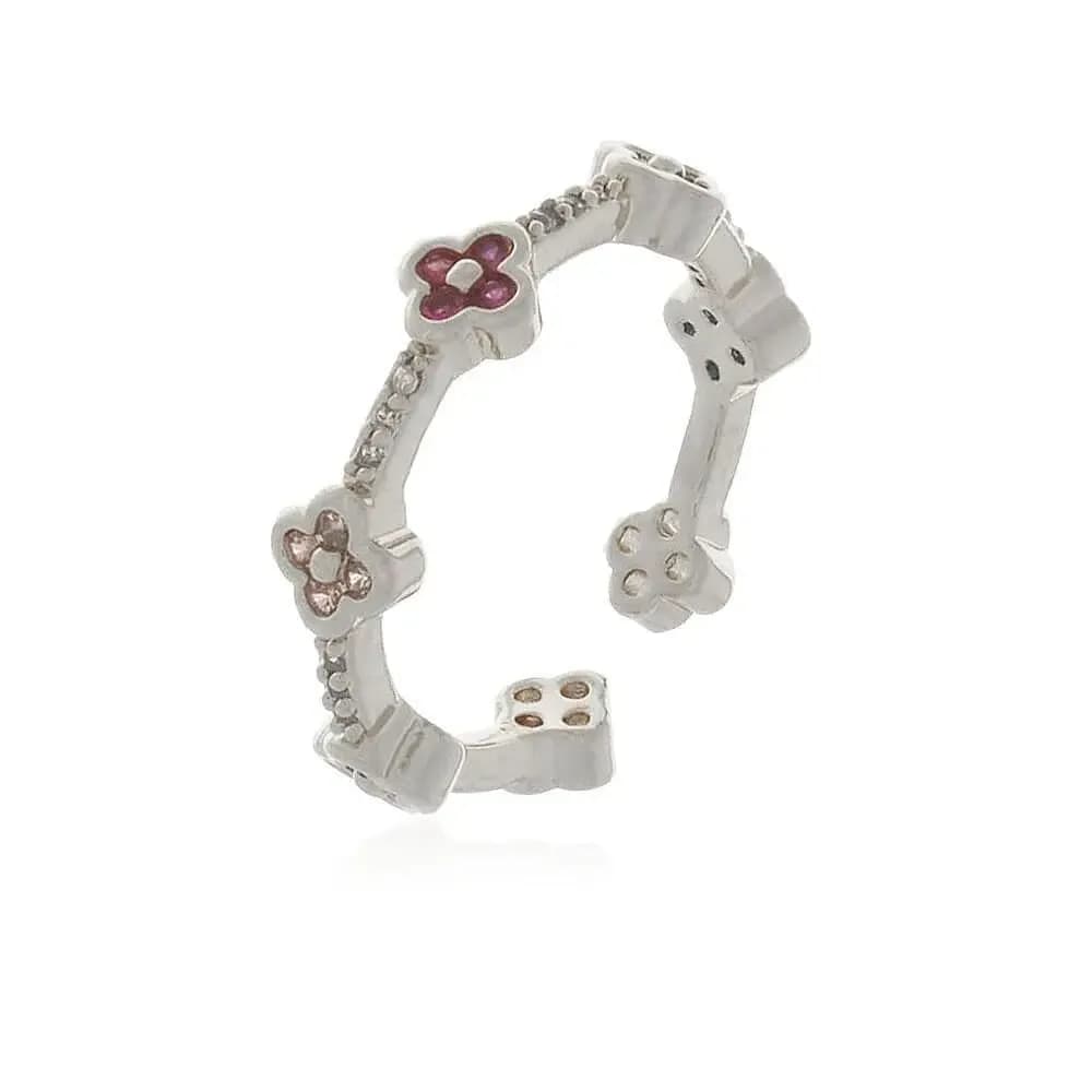 ANEL AJUSTÁVEL MINI FLORES COLORIDAS CRAVEJADO EM ZIRCÔNIAS CRISTAL