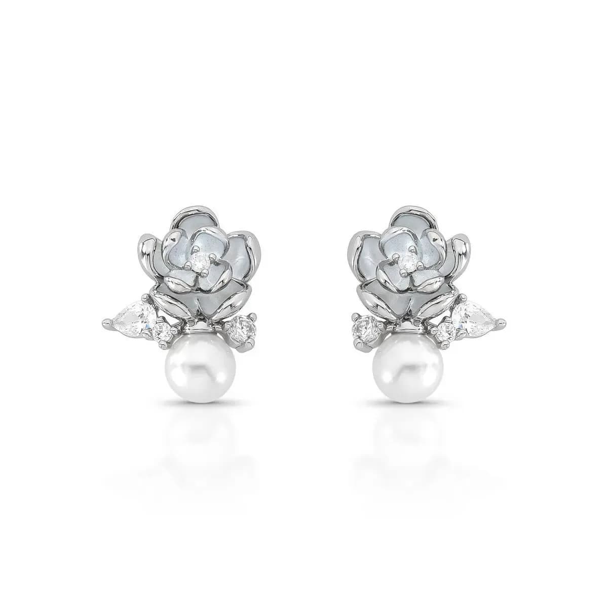 BRINCO MINI FLOR ESMALTADO WHITE COM PÉROLA SHELL E ZIRCÔNIAS