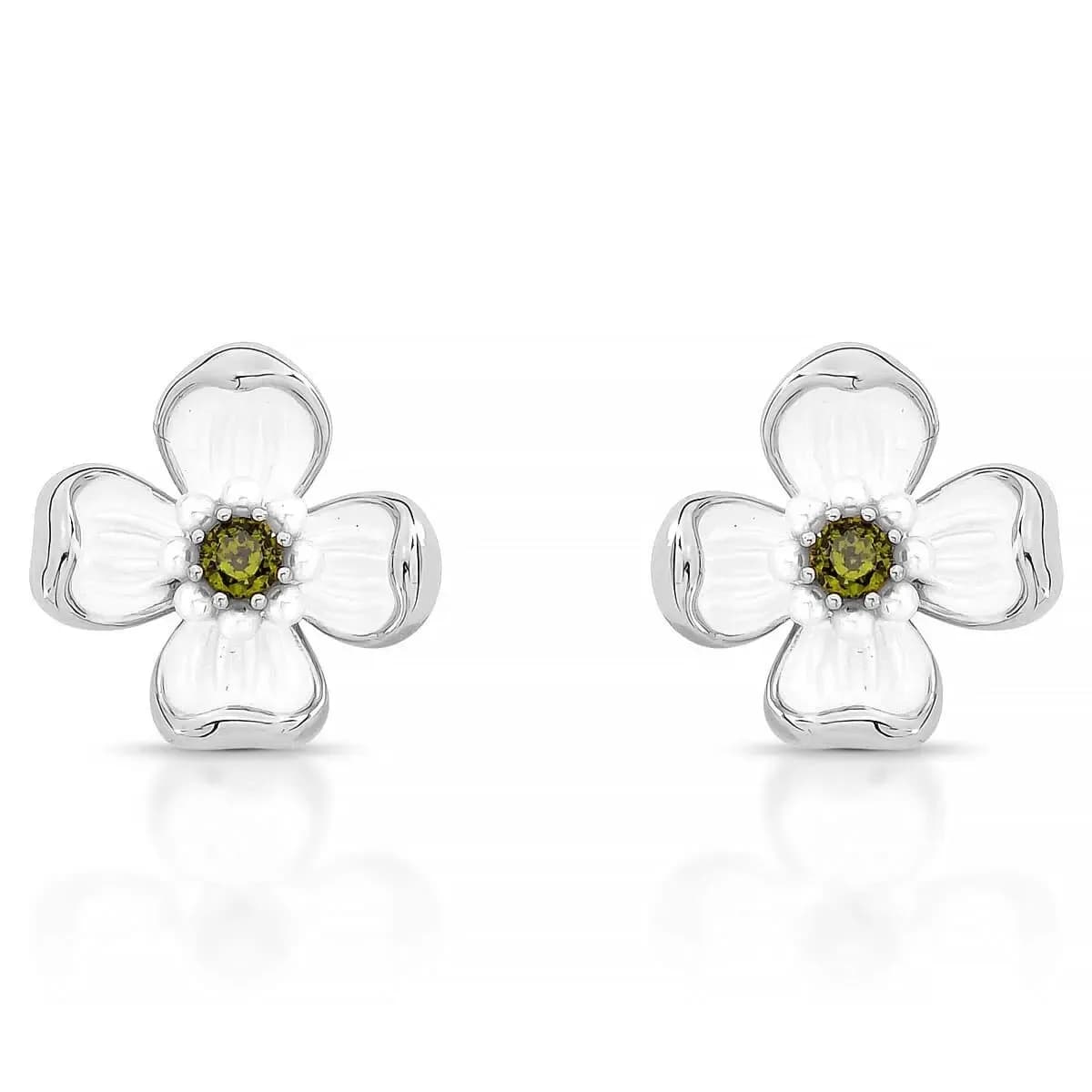 BRINCO FLOR ESMALTADA WHITE COM ZIRCÔNIA CENTRAL VERDE MUSGO E MINI PÉROLAS SHELL PINO PRATA 925