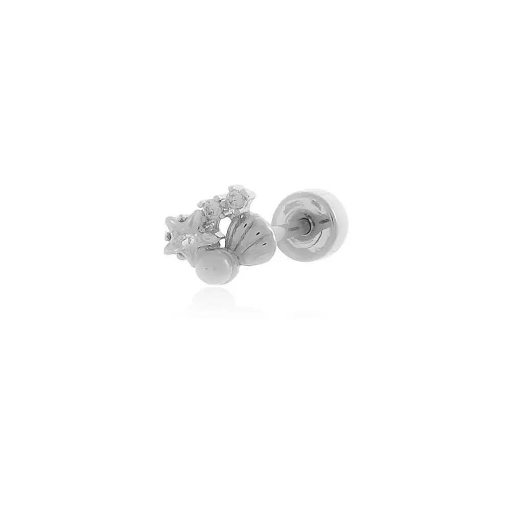 PIERCING FURO FUNDO DO MAR CRAVEJADO EM ZIRCÔNIAS COM DETALHE EM PÉROLA SHELL EM AÇO CIRÚRGICO