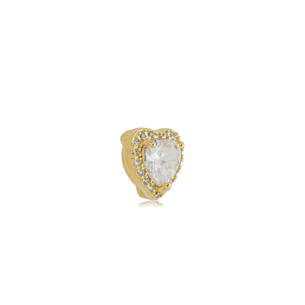 Pingente Separador de Coração Cristal e Contorno Cravejado Semijoia Ouro 18K