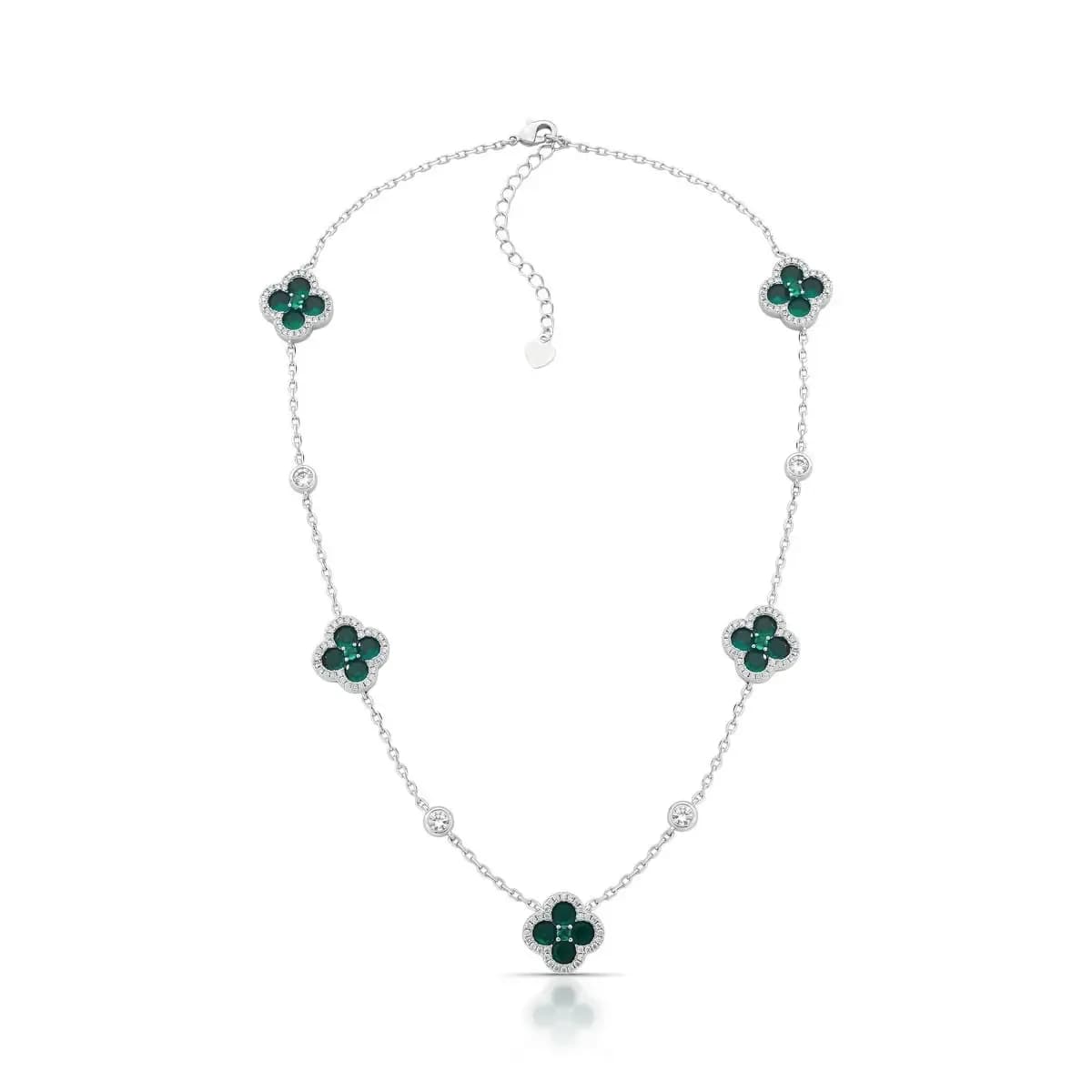 COLAR TREVO CRAVEJADO COM PONTO DE LUZ - 40 CM + 5 EXTENSOR — Ban. Ródio Branco / 40 cm + 5 cm de extensor / Verde