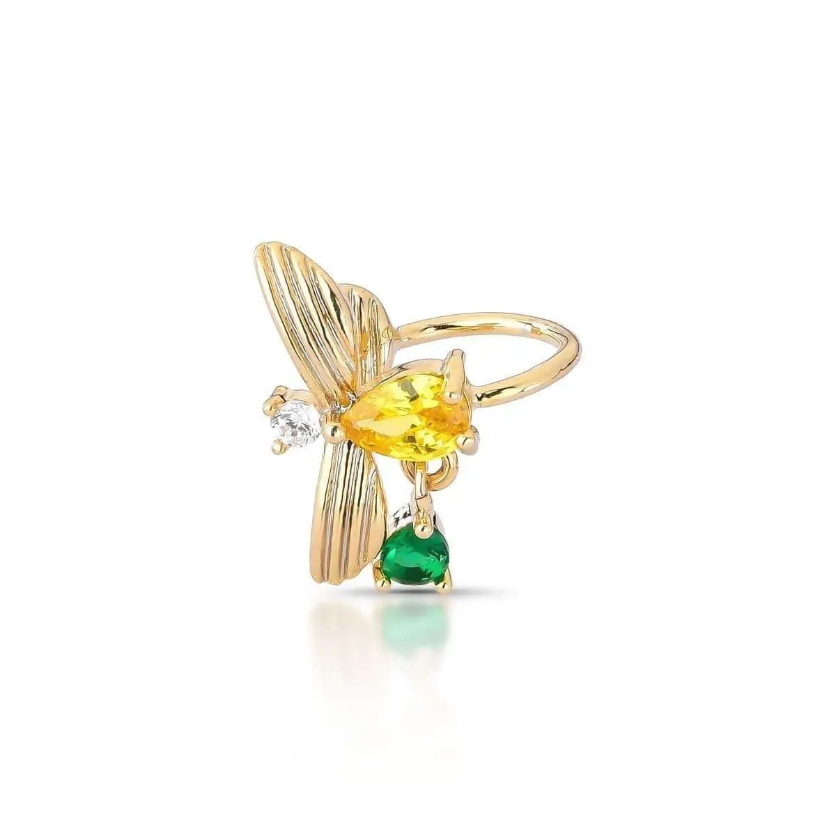 PIERCING FAKE BEE PÊNDULO EM ZIRCÔNIA AMARELO E ESMERALDA