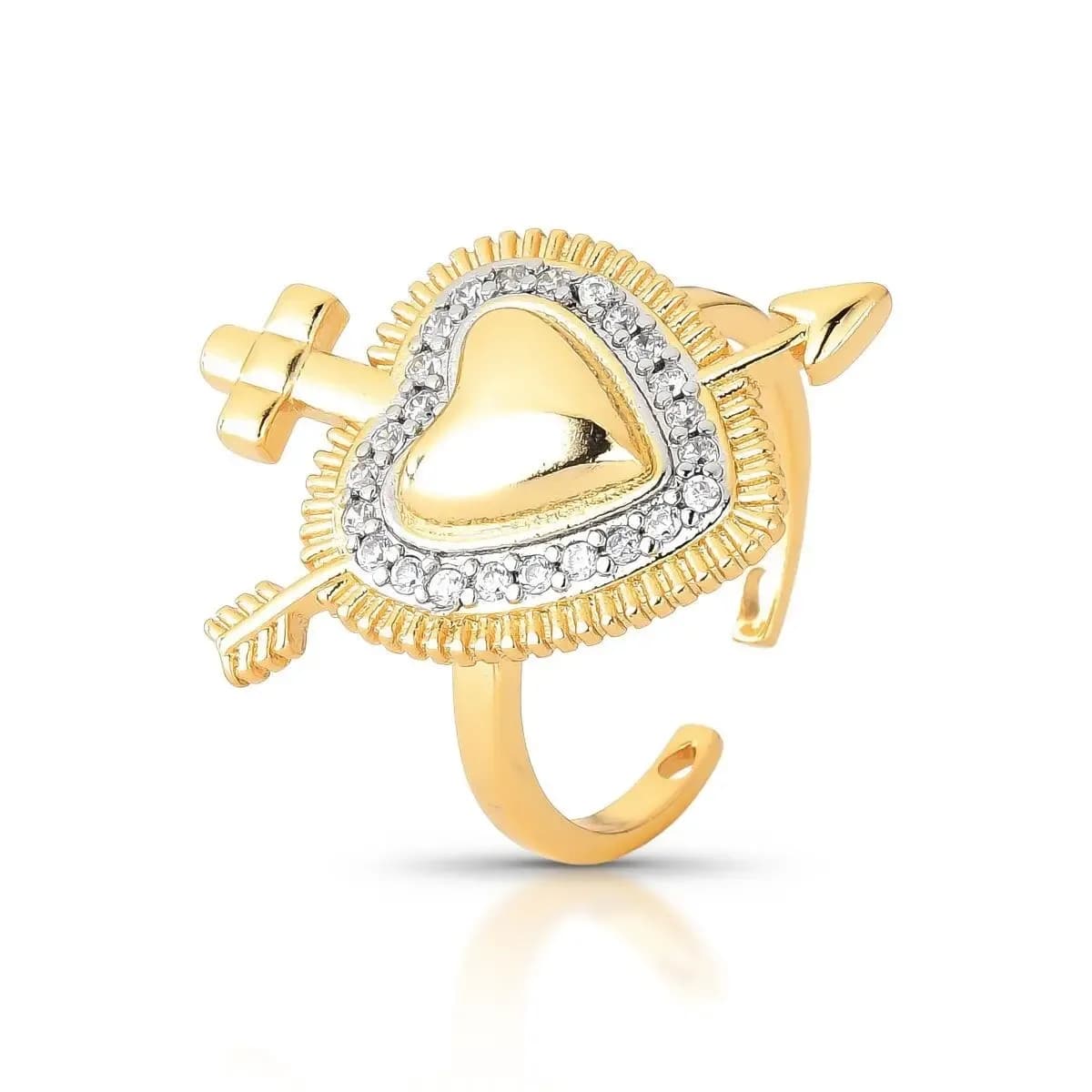 ANEL RELIGIOUS HEART CRAVEJADO COM ZIRCÔNIAS COM DETALHES EM RÓDIO BRANCO - AJUSTÁVEL