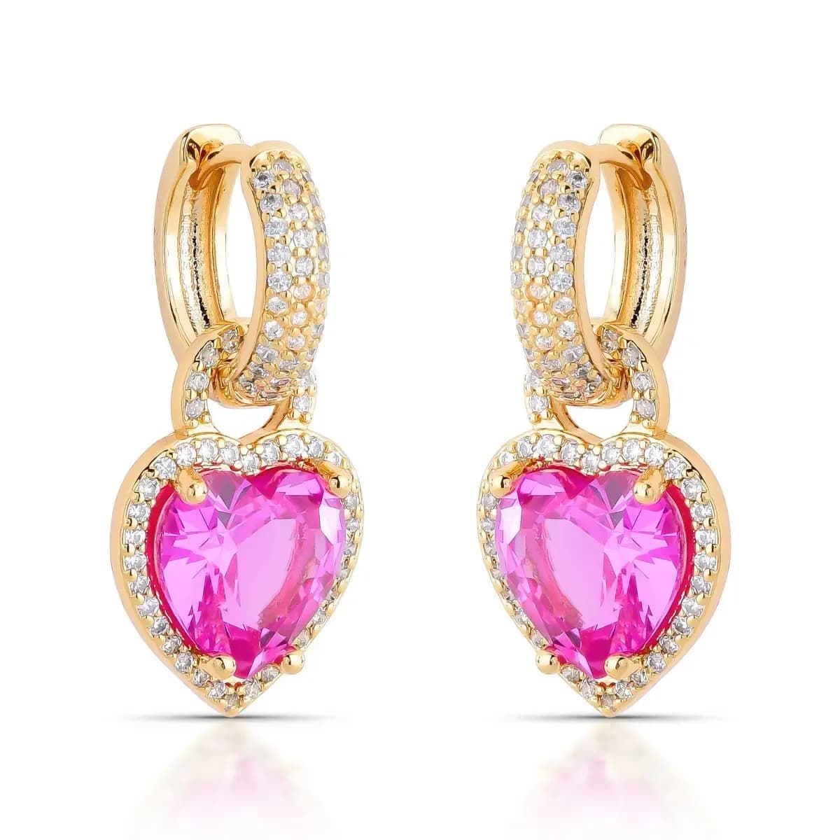 BRINCO ARGOLA CLICK CORAÇÃO PÊNDULO CRAVEJADO — Ban. Dourado / Turmalina Rosa