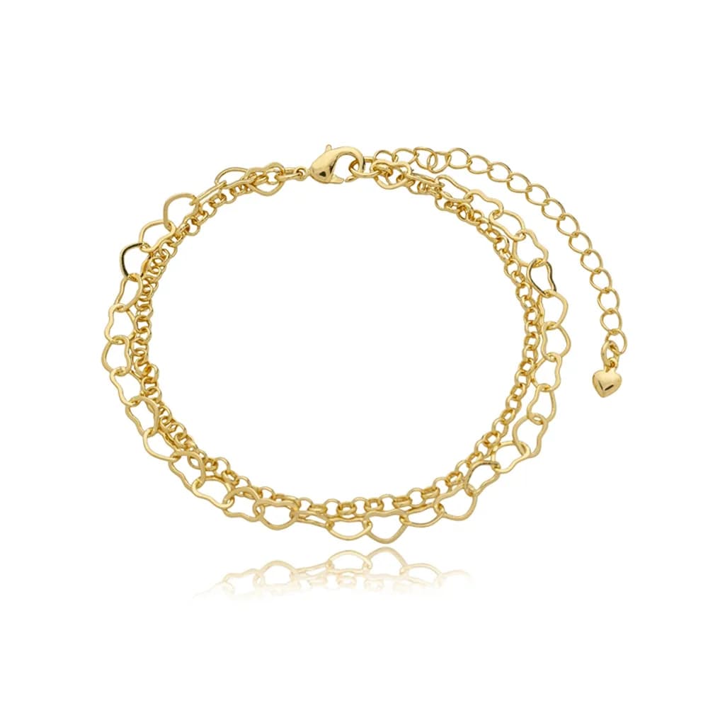 Pulseira Corrente Dupla Elo Português e Coração Semijoia Ouro 18K