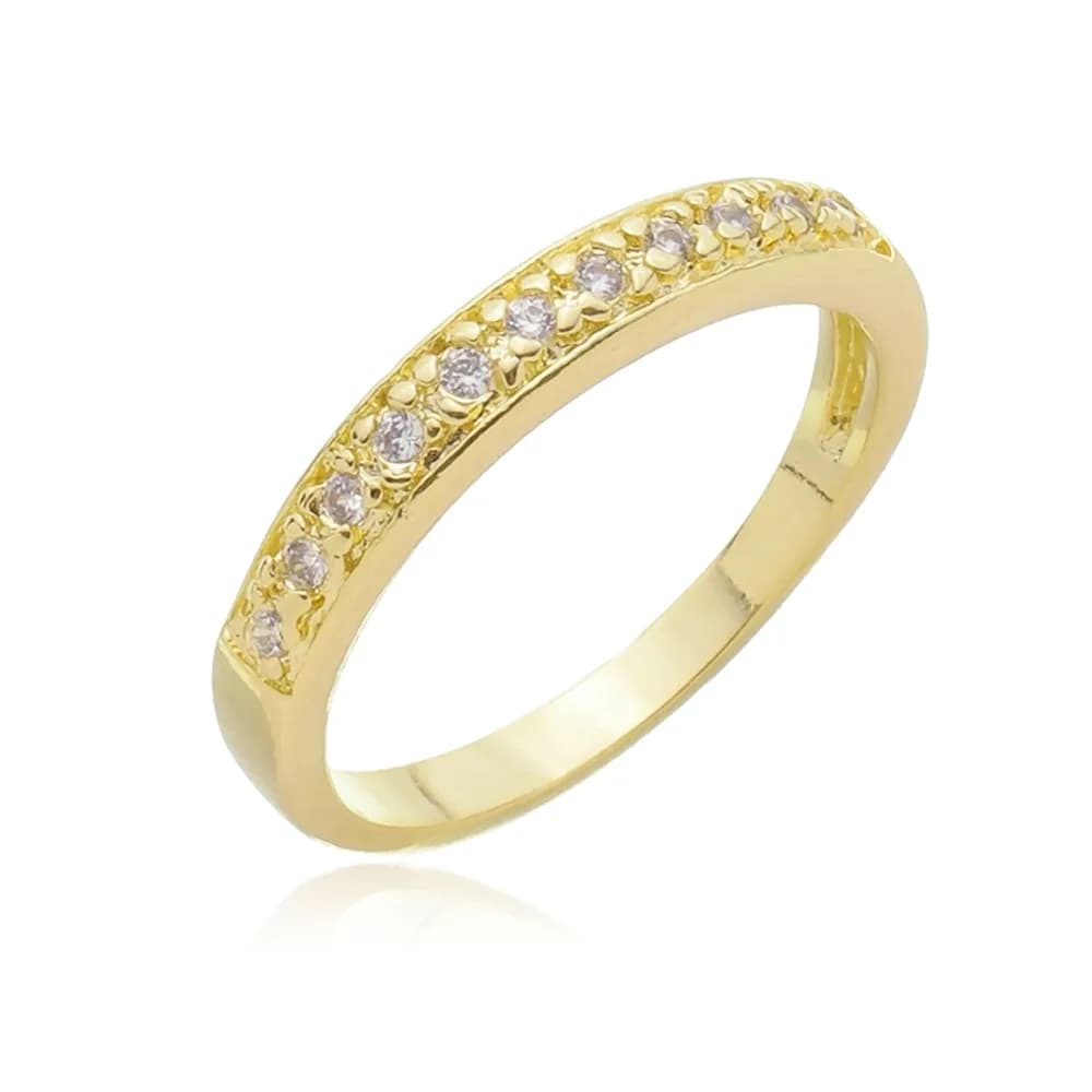 Anel Fileira de Micro Zircônia com Detalhes Semijoia Ouro 18K