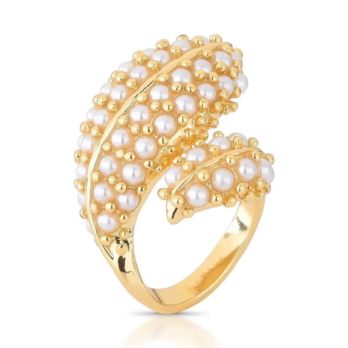 ANEL LEAF CRAVEJADO COM PÉROLAS SHELL LEVEMENTE AJUSTÁVEL ATÉ 22