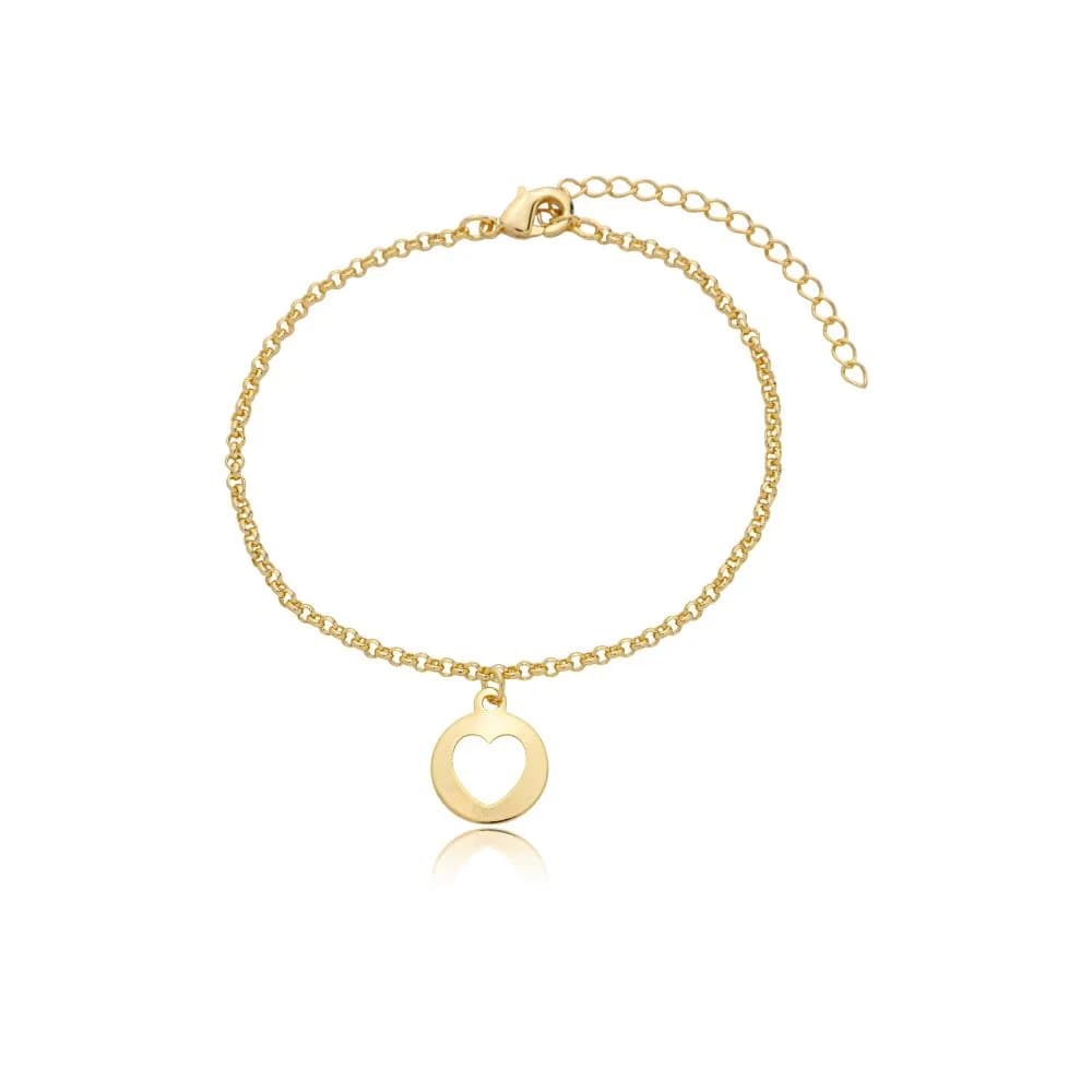 Pulseira Elo Português com Medalha de Coração Liso Vazado Semijoia Ouro 18K