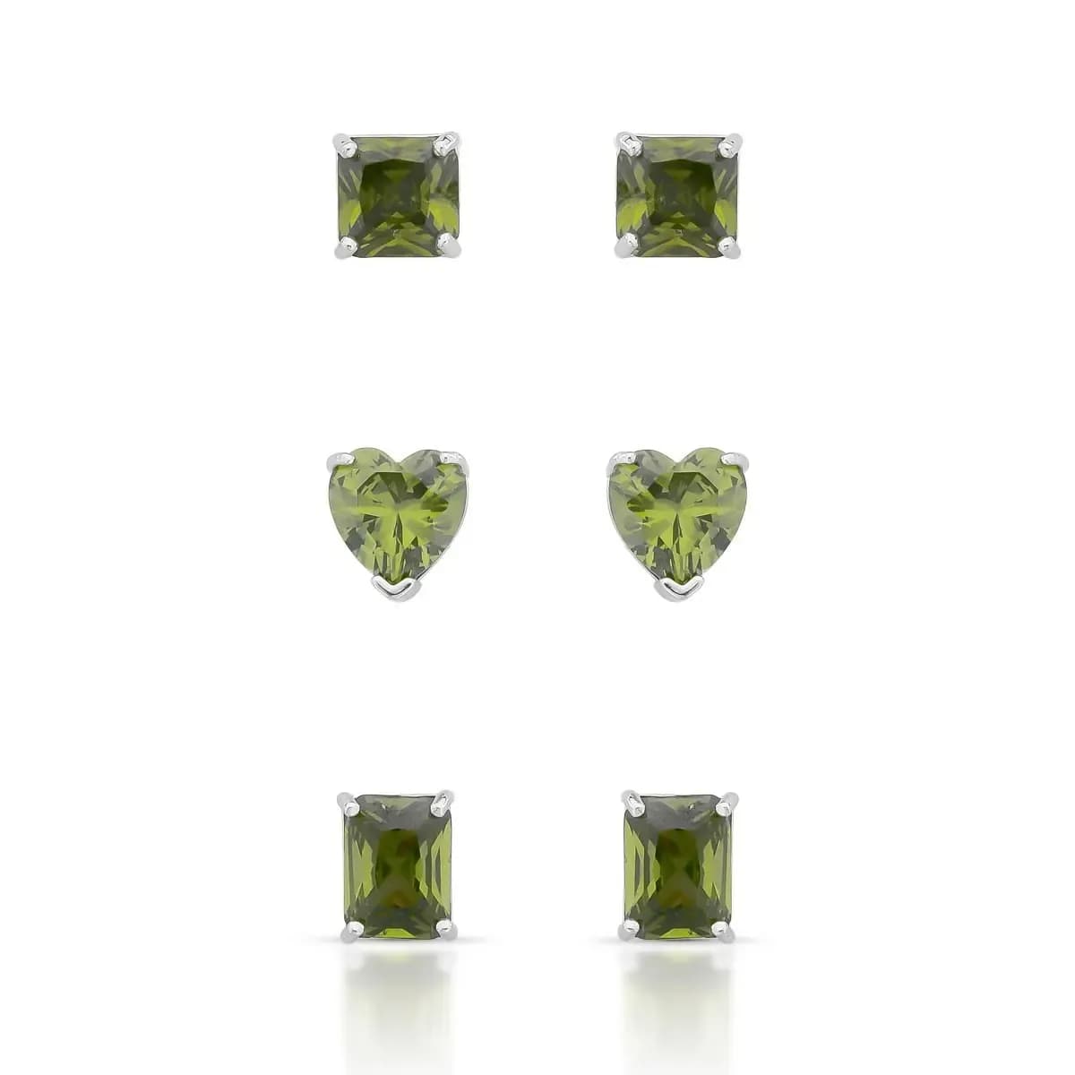 BRINCO TRIO QUADRADO CORAÇÃO E RETANGULO- PINO PRATA 925 — Ban. Ródio Branco / Verde oliva