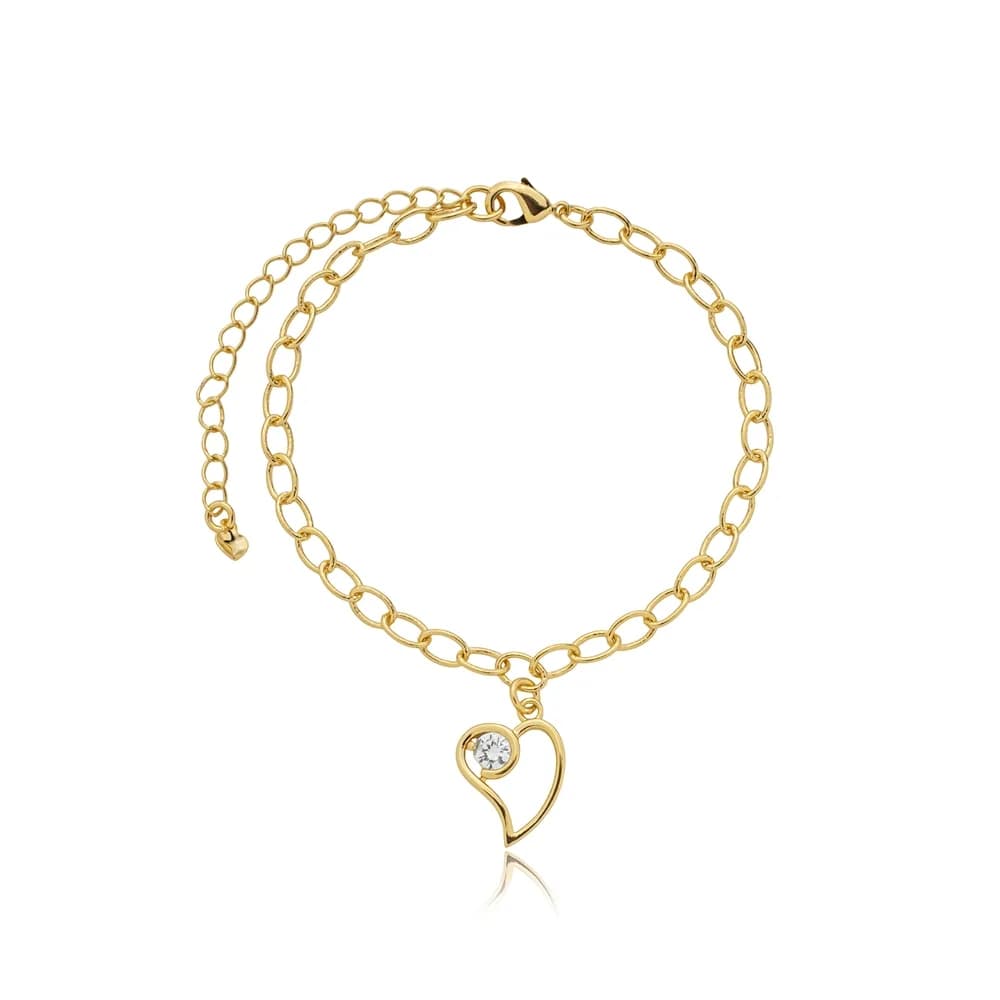 Pulseira Elos Ovais com Coração e Ponto de Luz Semijoia Ouro 18K