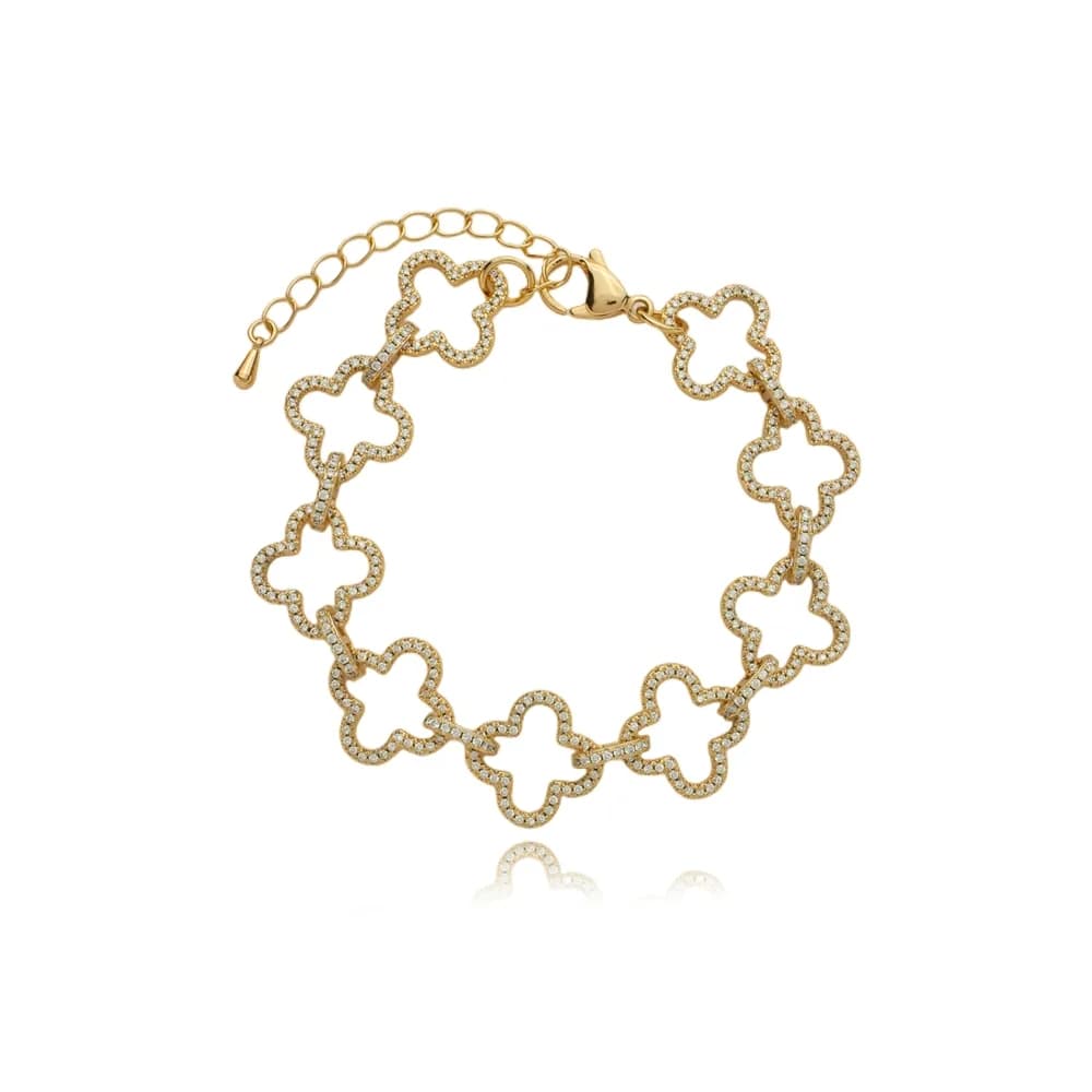 Pulseira Inspiração Trevos Vazados e Elos em Micro Zircônias Semijoia Ouro 18K