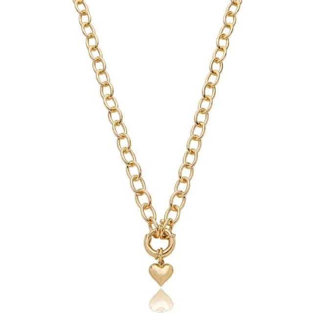 Colar Elos Ovais Pingente Fecho Boia e Coração 45cm Semijoia Ouro 18K