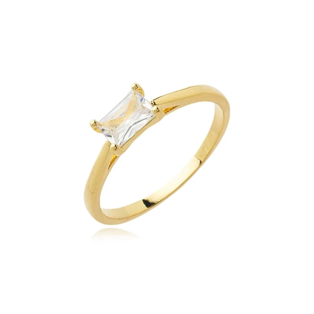 Anel Liso Ponto de Luz Retangular Semijoia Ouro 18K
