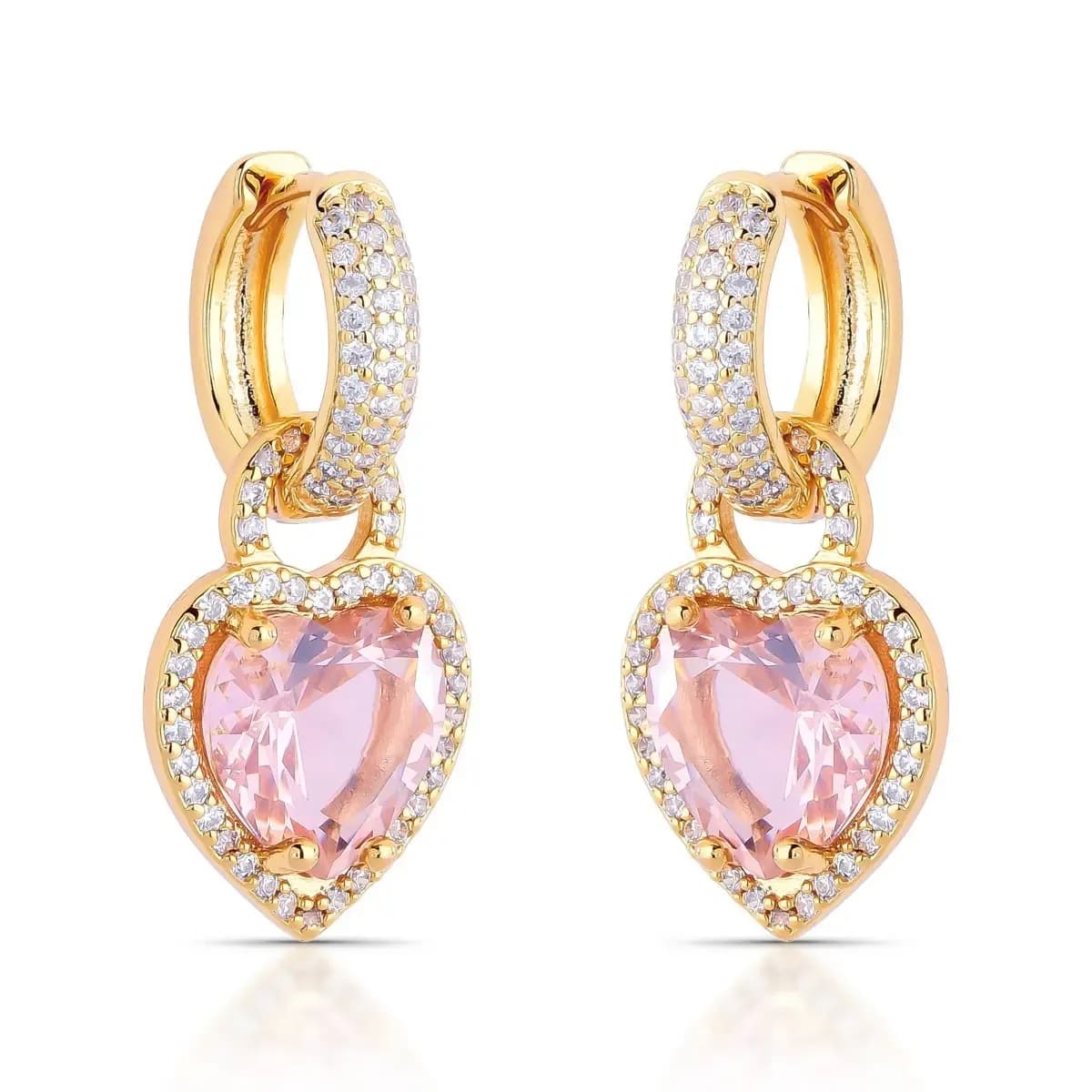 BRINCO ARGOLA CLICK CORAÇÃO PÊNDULO CRAVEJADO — Ban. Dourado / Morganite