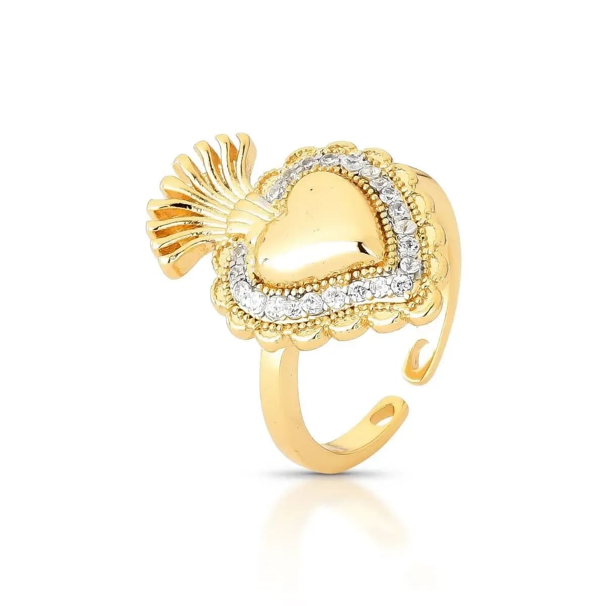 ANEL SACRED HEART CRAVEJADO COM ZIRCÔNIAS COM DETALHES EM RÓDIO BRANCO - AJUSTÁVEL