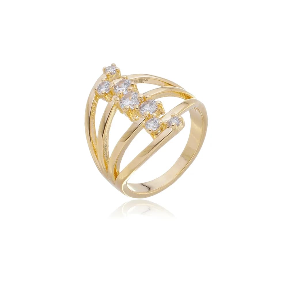 Anel Sete Fileiras com Zircônia Semijoia Ouro 18K