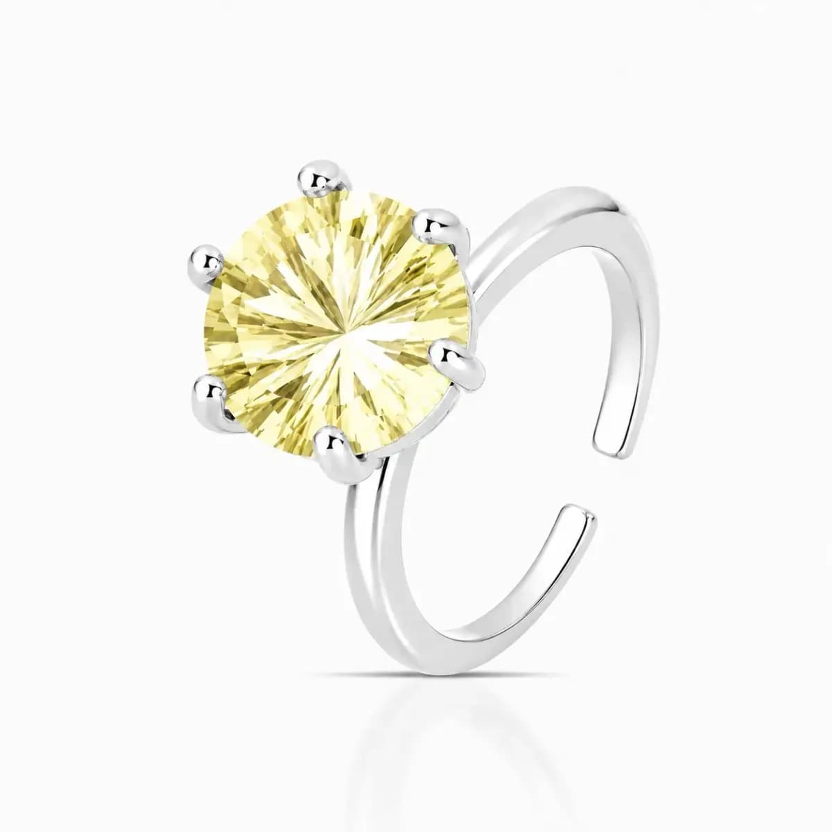 Anel Solitário Princess 11mm com Zircônia e Cravação de 6 Garras – Regulável — Ban. Ródio Branco / Yellow Fancy