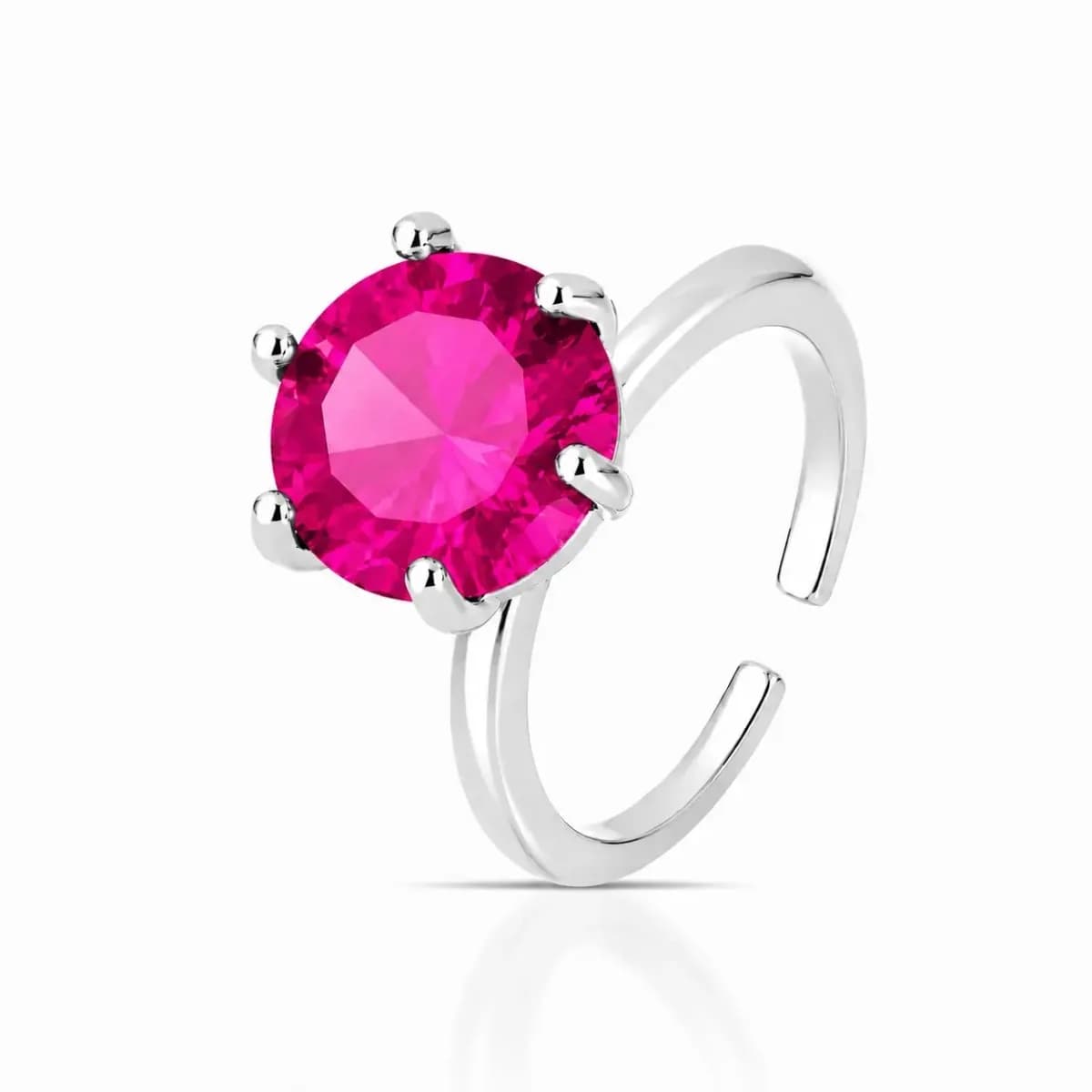 Anel Solitário Princess 11mm com Zircônia e Cravação de 6 Garras – Regulável — Ban. Ródio Branco / Pink