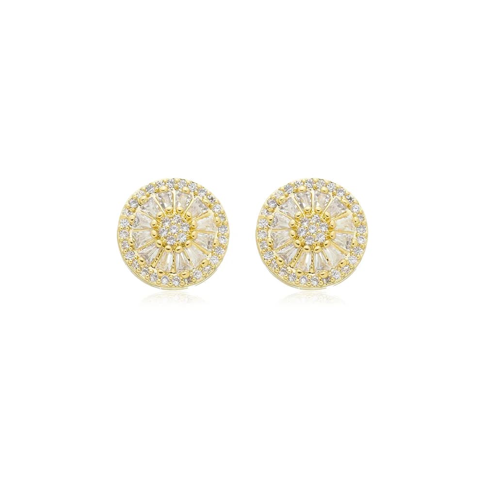 Brinco Pizza Micro Zircônia Baguete Semijoia Ouro 18K