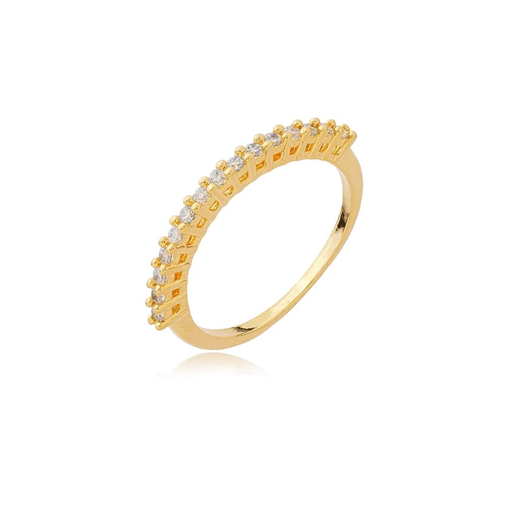 Anel Aparador Cravejado e Lateral Detalhada Semijoia Ouro 18K