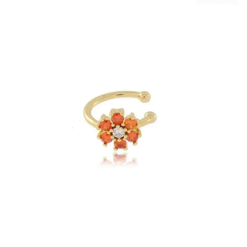 PIERCING FAKE FLORZINHA CRAVEJADO COM MICRO ZIRCÔNIA — Ban. Dourado / Laranja