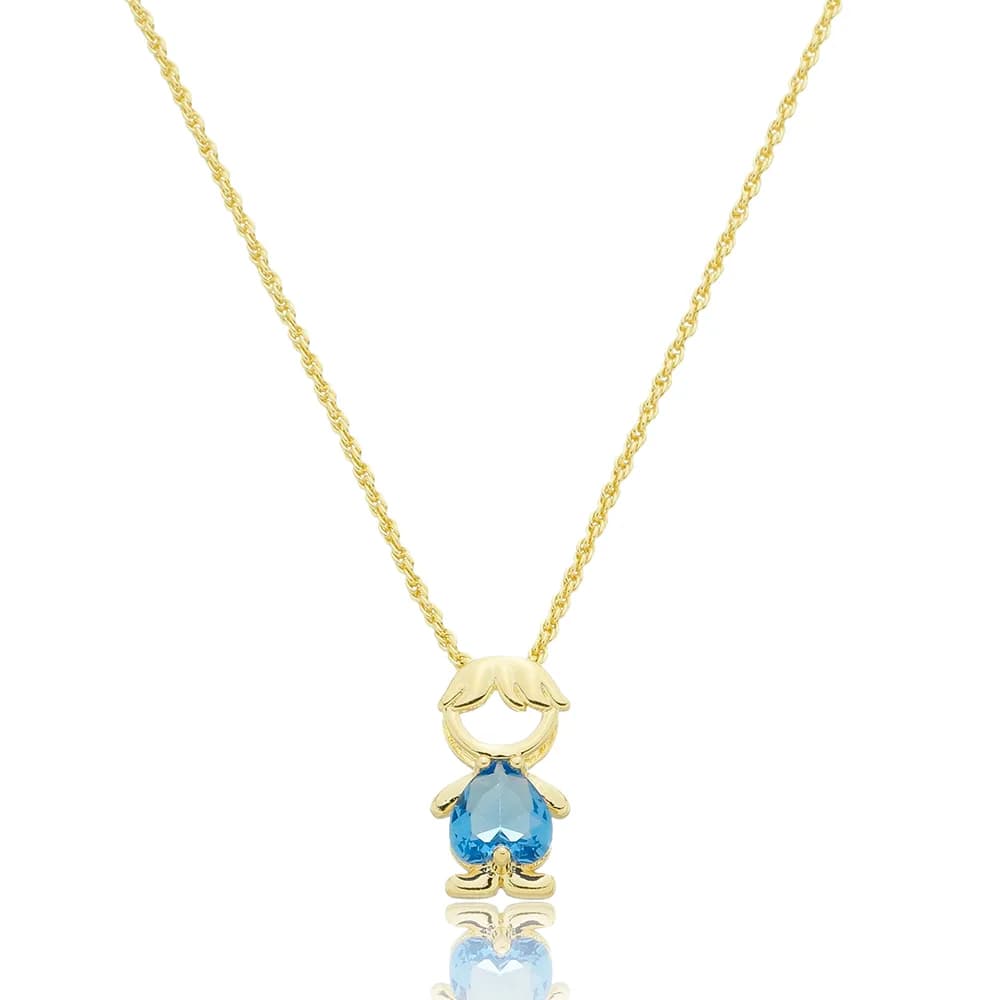 Colar Cordão Baiano 1,5MM com Pingente Menino e Coração de Zircônia Azul Semijoia Ouro 18K
