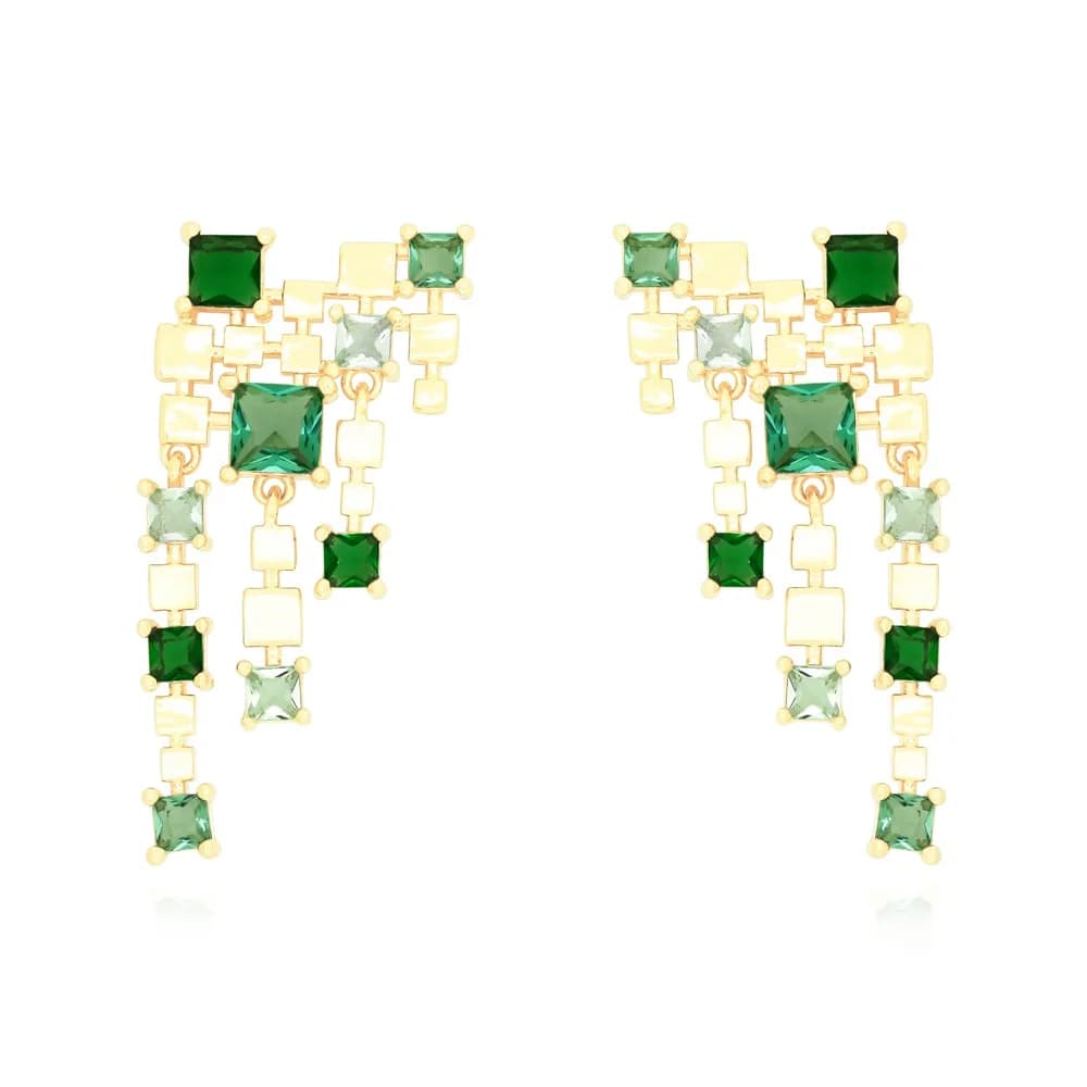 Brinco Franja com Zircônias Turmalina Verde e Azul Semijoia Ouro 18K