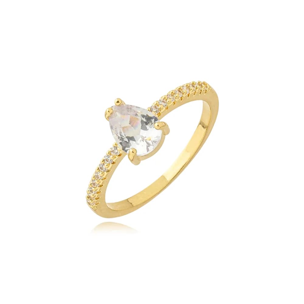 Anel Ponto de Luz Gota e Micro Zircônia Semijoia Ouro 18K