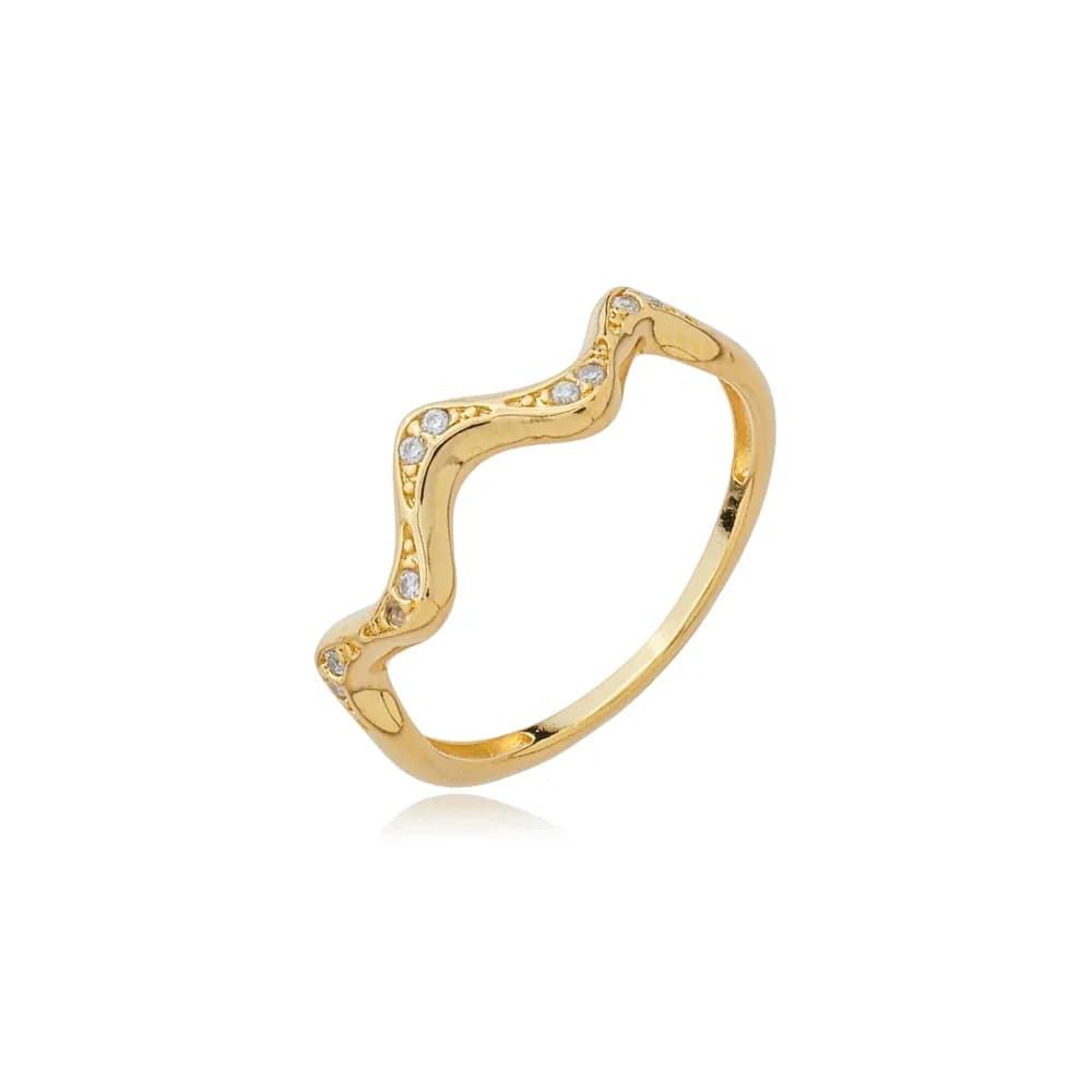 Anel Zig Zag Cravejado Semijoia Ouro 18K