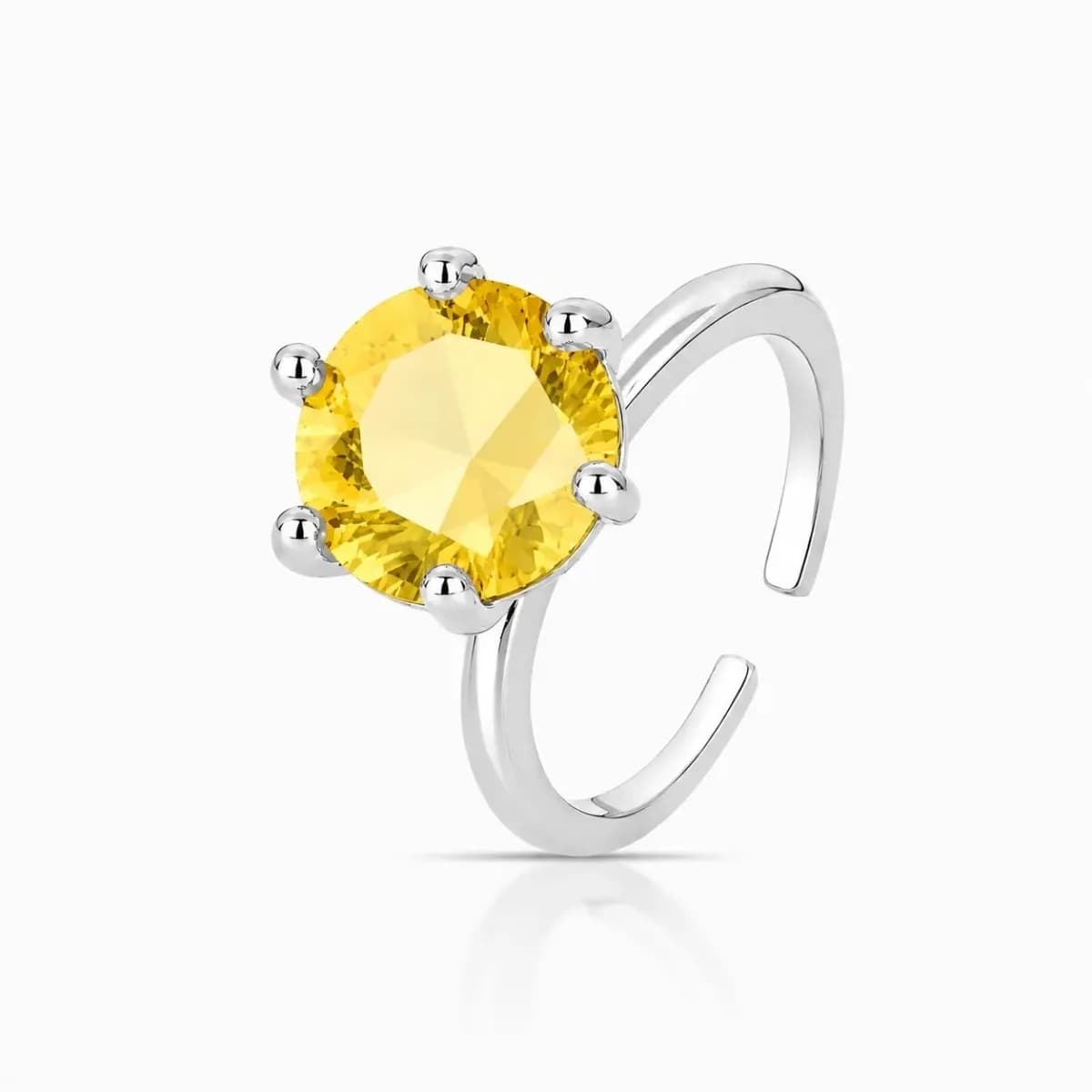 ANEL SOLITÁRIO PRINCESS CRAVAÇÃO SEIS GARRAS — Ban. Ródio Branco / Regulável / Amarelo
