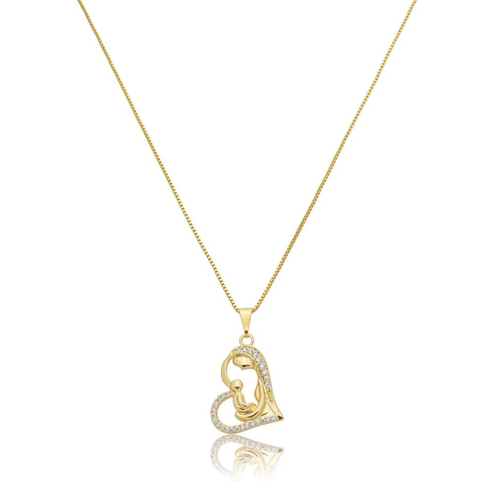 Colar Coração Cravejado e Dentro a Mãe com o Filho 50cm Semijoia Ouro 18K