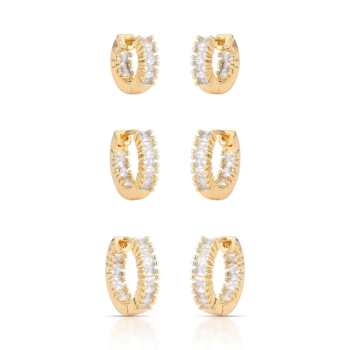 TRIO DE BRINCOS ARGOLA CLICK COM CRAVAÇÃO EM BAGUETE QUADRADA