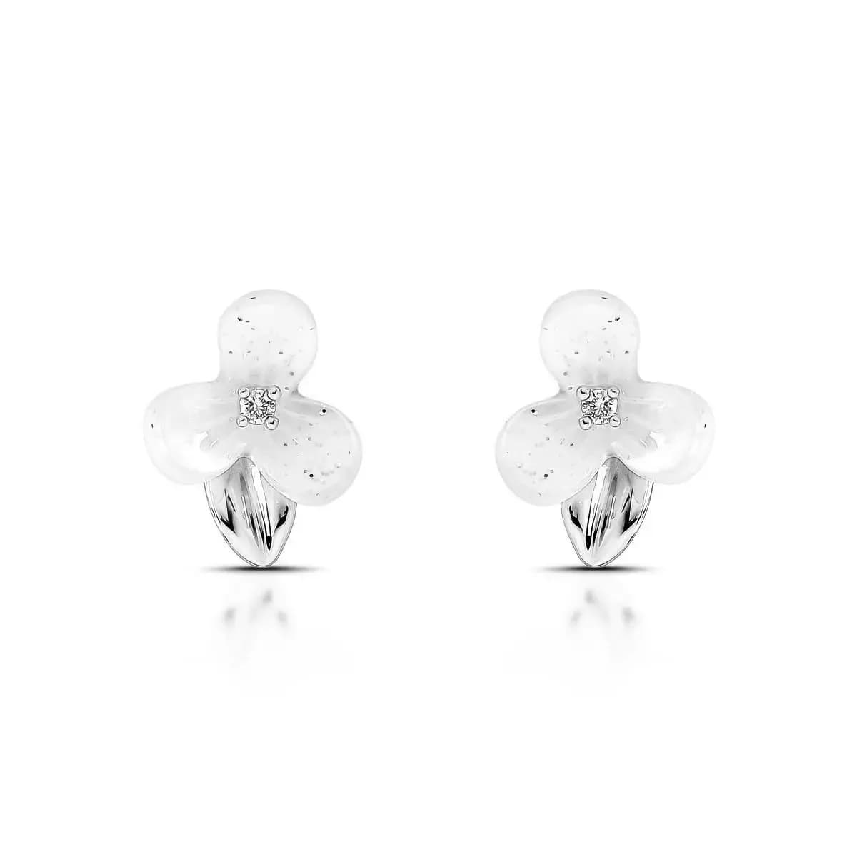 BRINCO FLORZINHA EM ACETATO WHITE GLITTER PINO EM PRATA 925