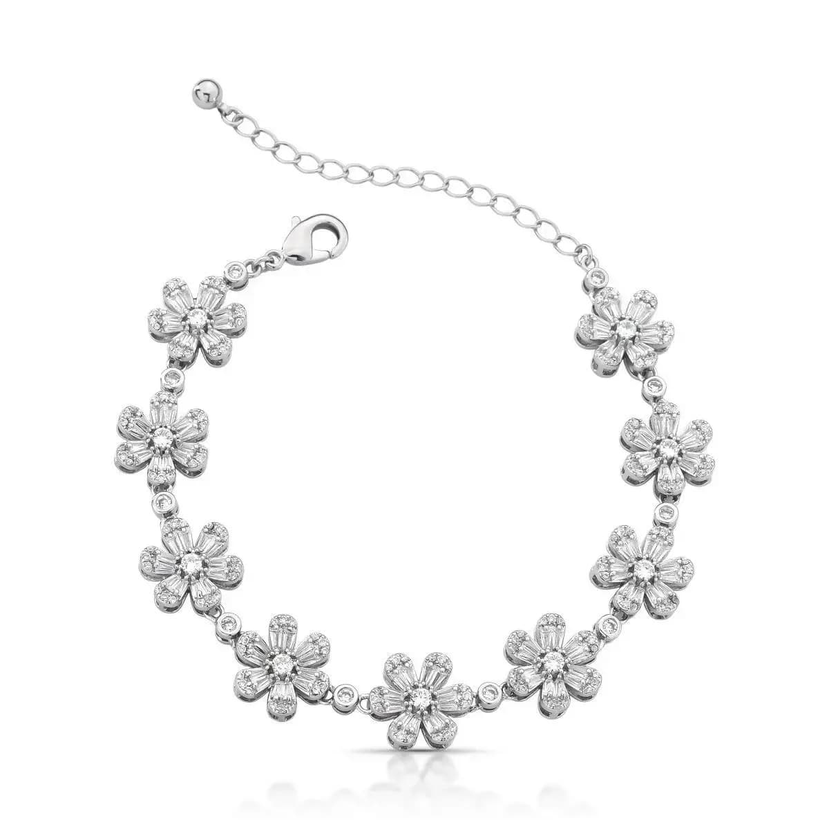 PULSEIRA DELICADA FLORES DE LUZ CRAVEJADA COM ZIRCÔNIAS EM BAGUETE