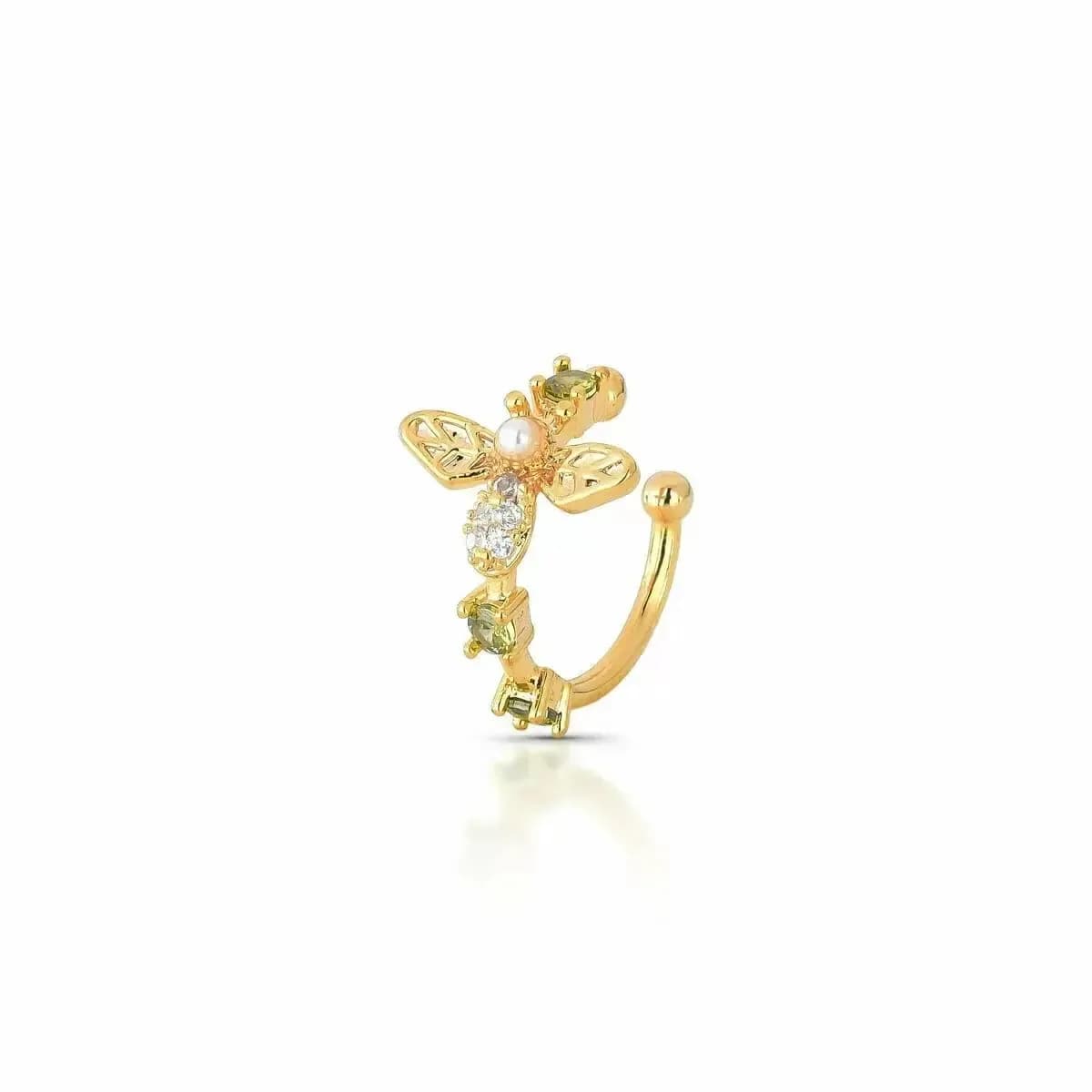 PIERCING FAKE ABELHINHA PÉROLA SHELL CRAVEJADO COM ZIRCÔNIAS VERDE MUSGO