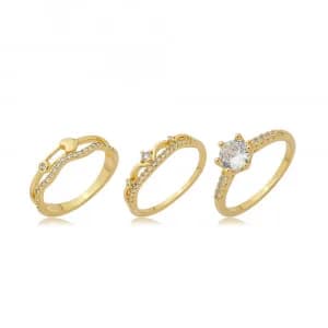 Trio de Anéis Duas Fileiras com Coração, Ponto de Luz e Coroa Cravejada Semijoia Ouro 18K